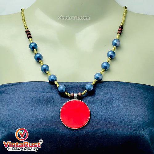 Metal And Wooden Beaded Chain Pendant Necklace