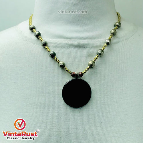 Metal And Wooden Beaded Chain Pendant Necklace