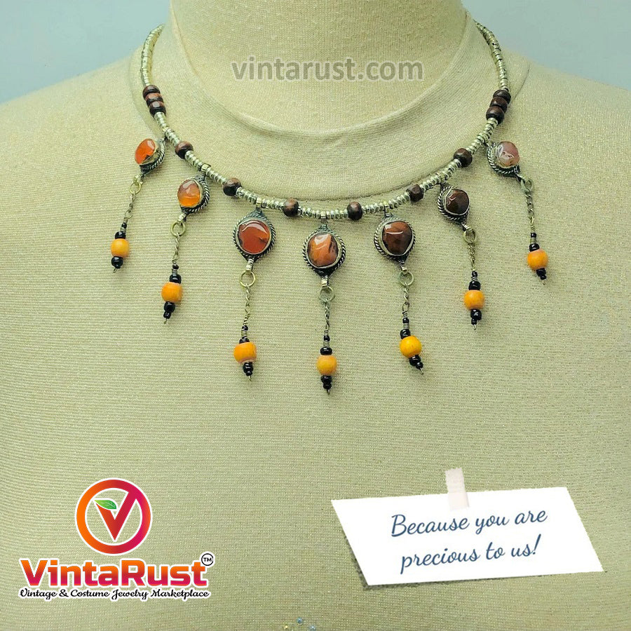 Metal and Wooden Beaded Chain Necklace