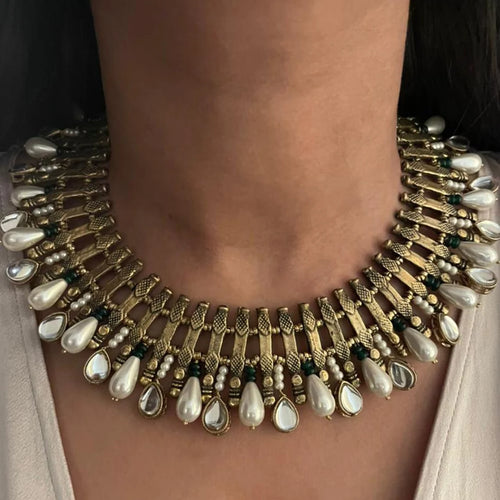 Afghan Metal Choker Necklace With Pearls