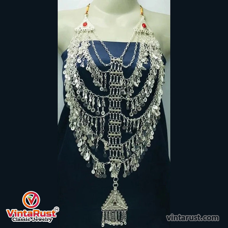 Tribal Afghani Necklace With Dangling Tassels and Big Pendant