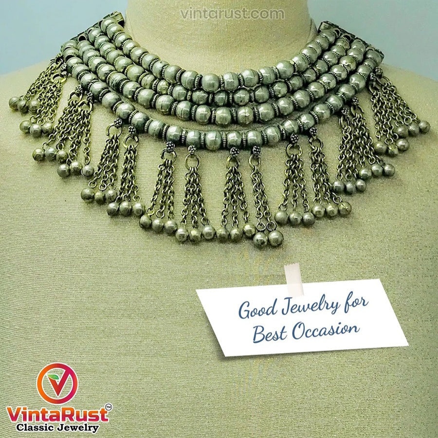 Multilayers Silver Metallic Beaded Choker Necklace