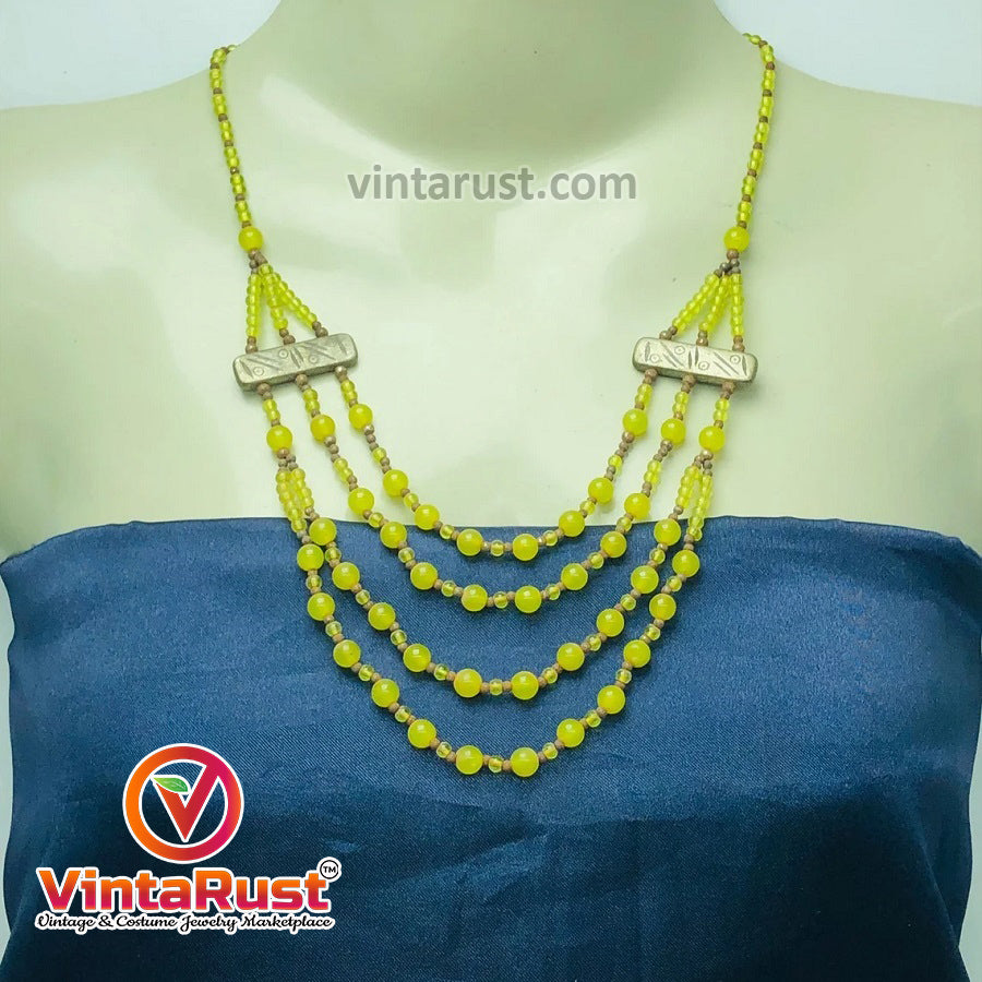 Beaded Multilayers Yellow Glass Stone Necklace