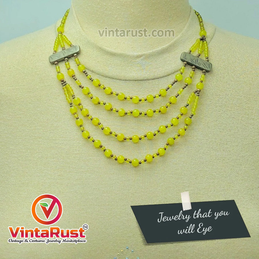 Beaded Multilayers Yellow Glass Stone Necklace