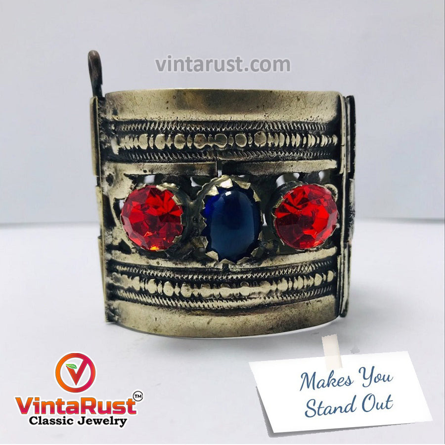 Nomadic Red and Blue Glass Stone Cuff Bracelet