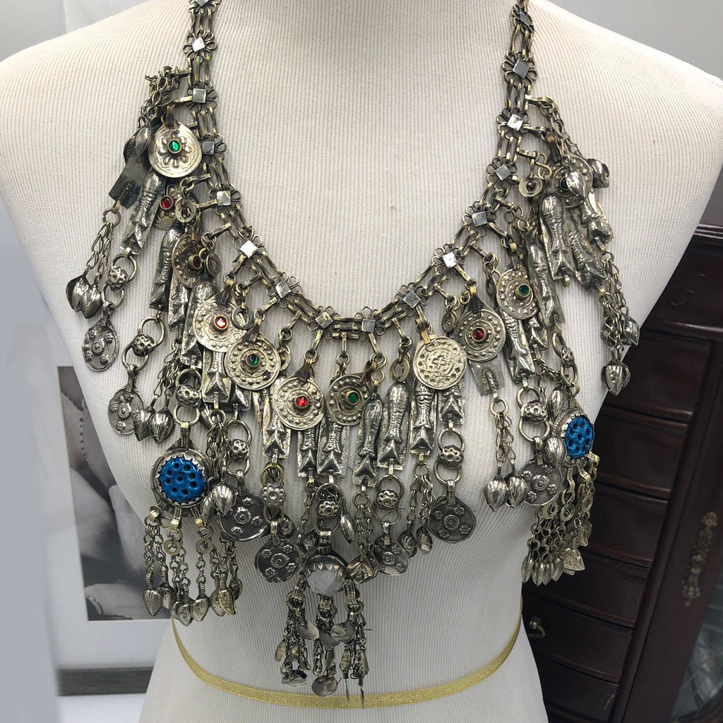 Bib Necklace Embellished with Fish Motifs and Dangling Tassels