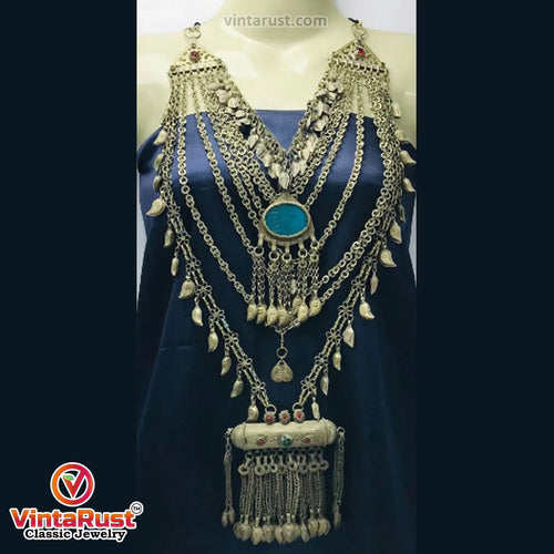 Oversized Multilayers Vintage Bib Necklace With Dangling Amulet Style Pendant