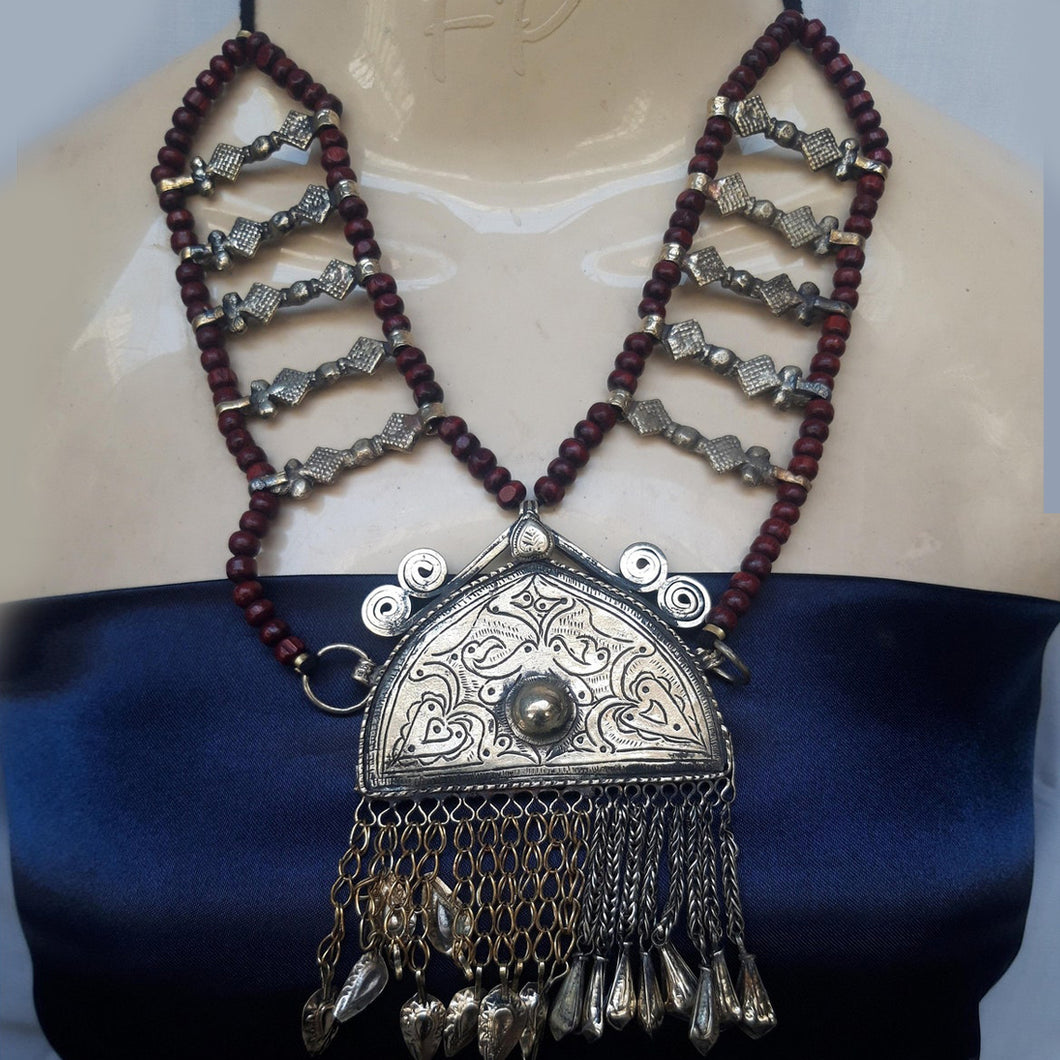 Tribal Wide Wooden Beaded Chain Pendant Necklace