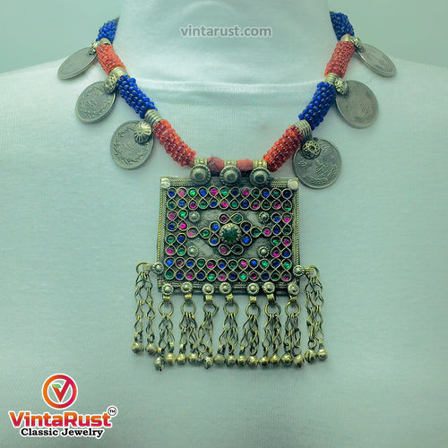 Antique Red and Blue Beaded Necklace