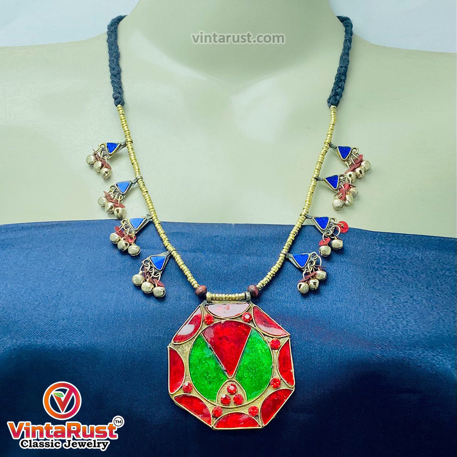 Red and Green Afghan Pendant Necklace