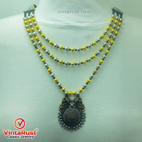 Silver And Golden Beaded Chain Necklace