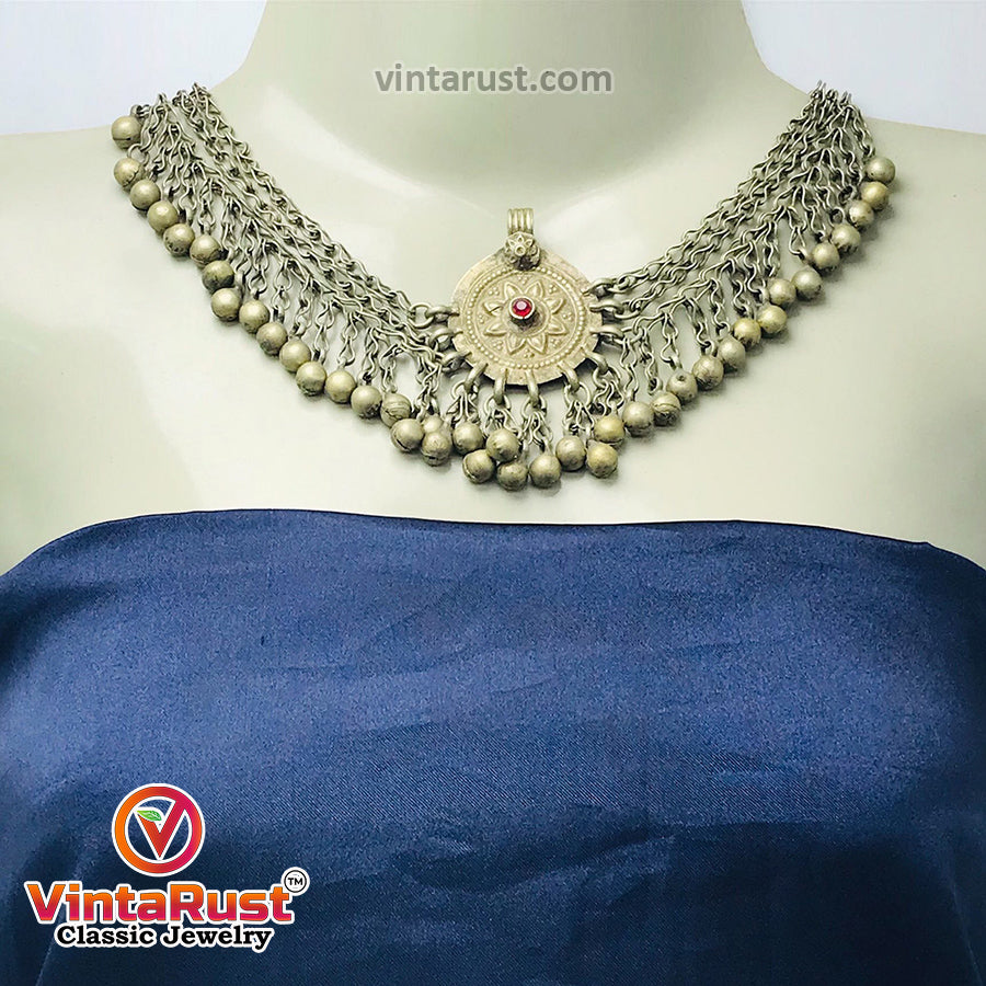 Silver Kuchi Bells Choker Necklace With Vintage Pendant