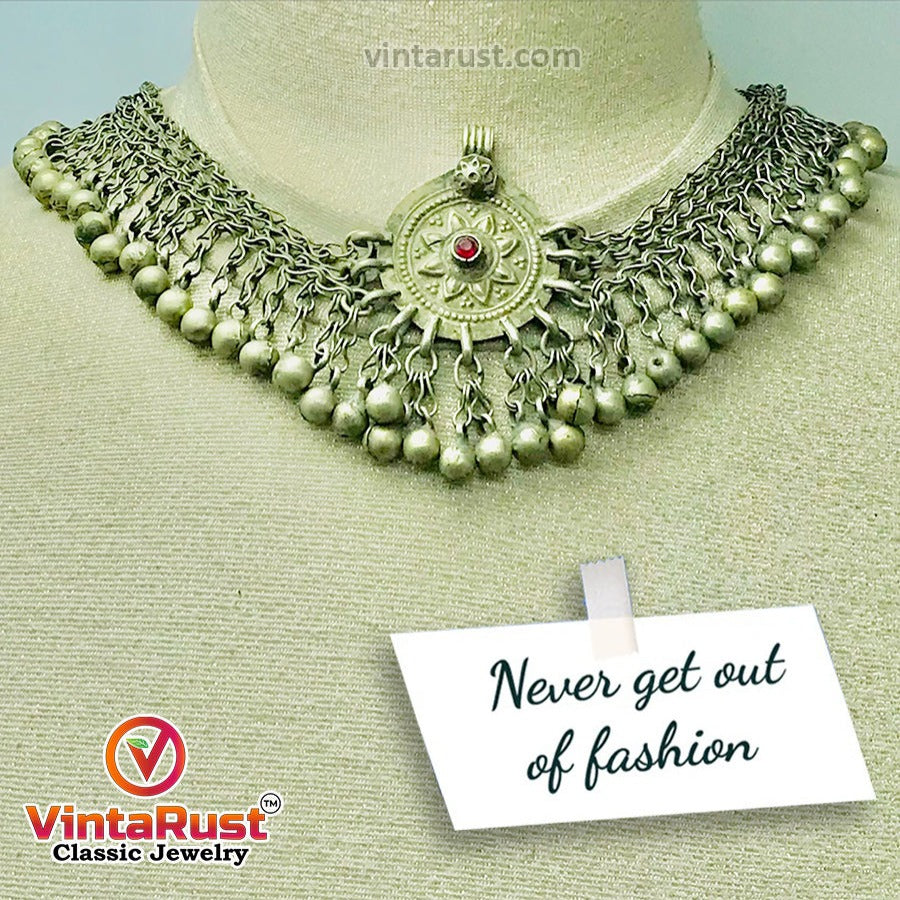 Silver Kuchi Bells Choker Necklace With Vintage Pendant