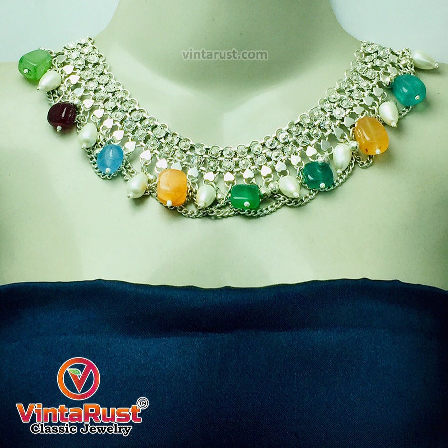 Silver Kuchi Choker Necklace With Multicolor Stones and Pearls