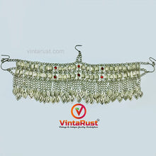 Load image into Gallery viewer, Silver Kuchi Headpiece With Red Glass Stones and Long Tassels
