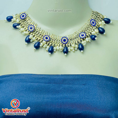 Blue Glass Stones Silver Kuchi Jewelry Set 