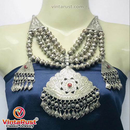 Silver Kuchi Multilayer Beaded Necklace With Dangling Pendants