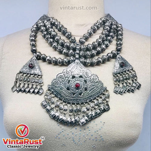 Silver Kuchi Multilayer Beaded Necklace With Dangling Pendants