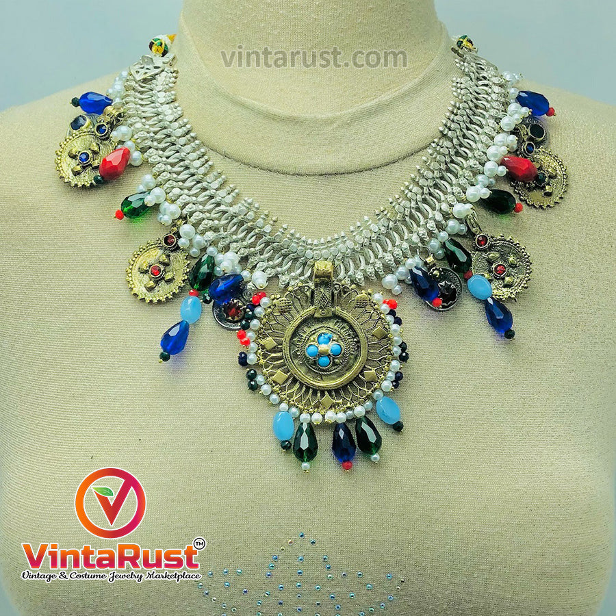 Multicolor Vintage Silver Kuchi Necklace With Golden Pendant