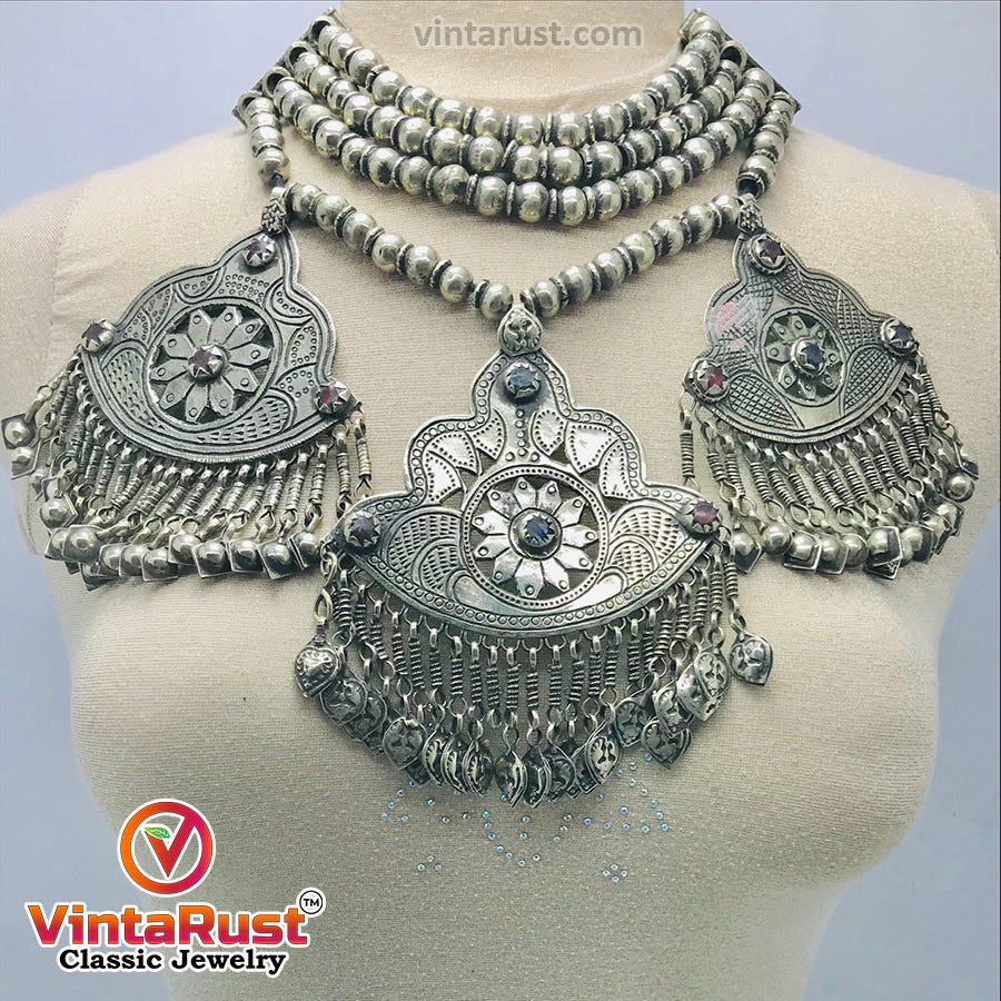 Silver Kuchi Vintage Three Massive Dangling Pendants Necklace