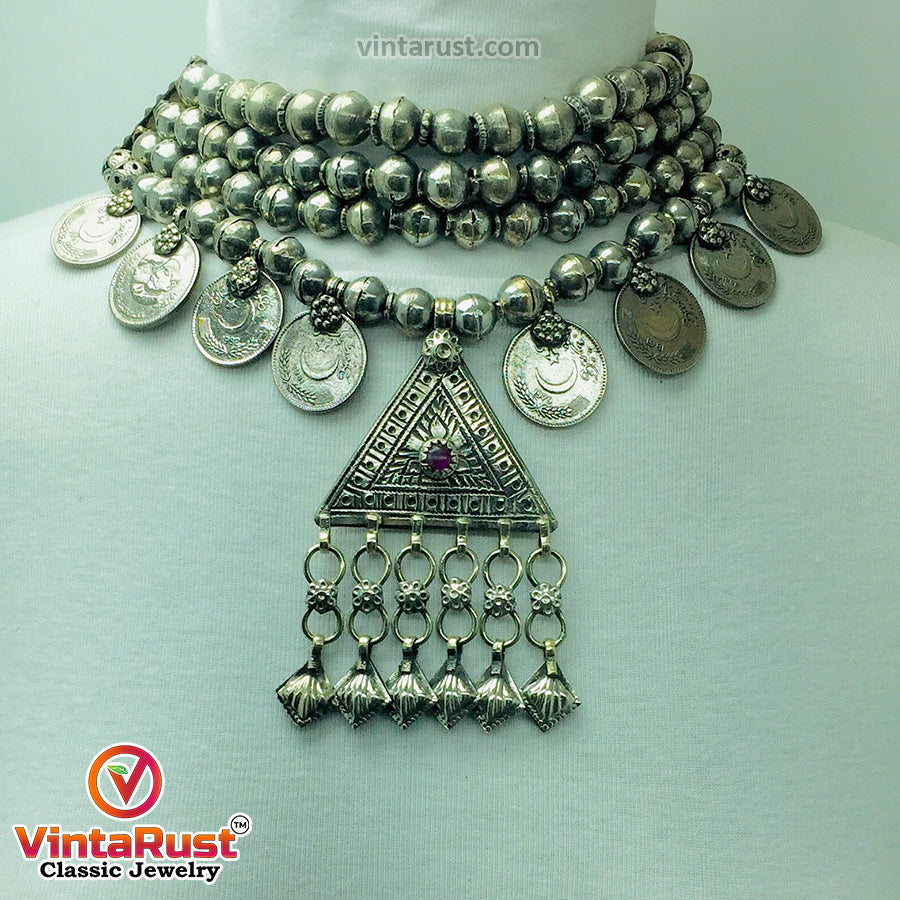 Silver Metal Beaded With Coins Choker Necklace