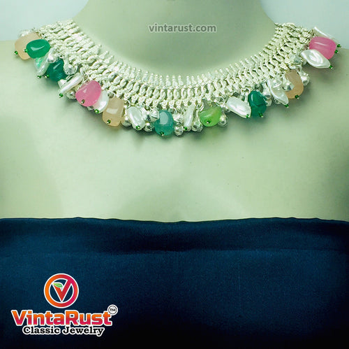 Silver Metallic Statement Choker Necklace With Multicolor Stones