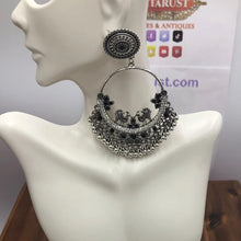 Load image into Gallery viewer, Silver Oxidized Long Dangling Hoops With Bells Earring
