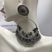 Load image into Gallery viewer, Silver Oxidized Long Dangling Hoops With Bells Earring
