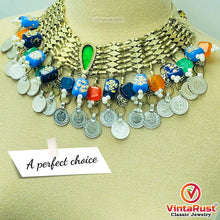Load image into Gallery viewer, Statement Coins Choker Necklace With Multicolor Glass Stones
