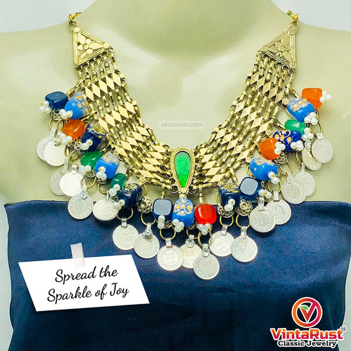 Statement Coins Choker Necklace With Multicolor Glass Stones