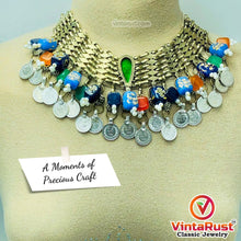 Load image into Gallery viewer, Statement Coins Choker Necklace With Multicolor Glass Stones
