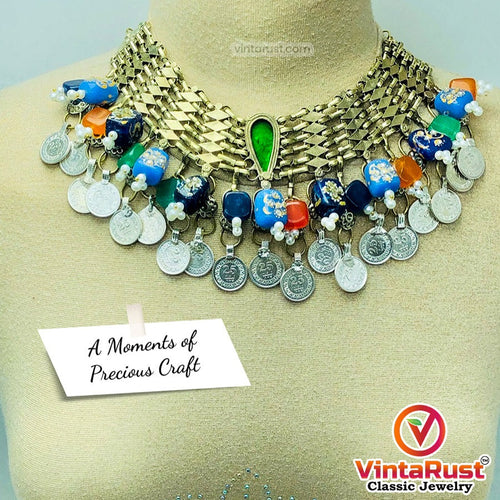 Statement Coins Choker Necklace With Multicolor Glass Stones