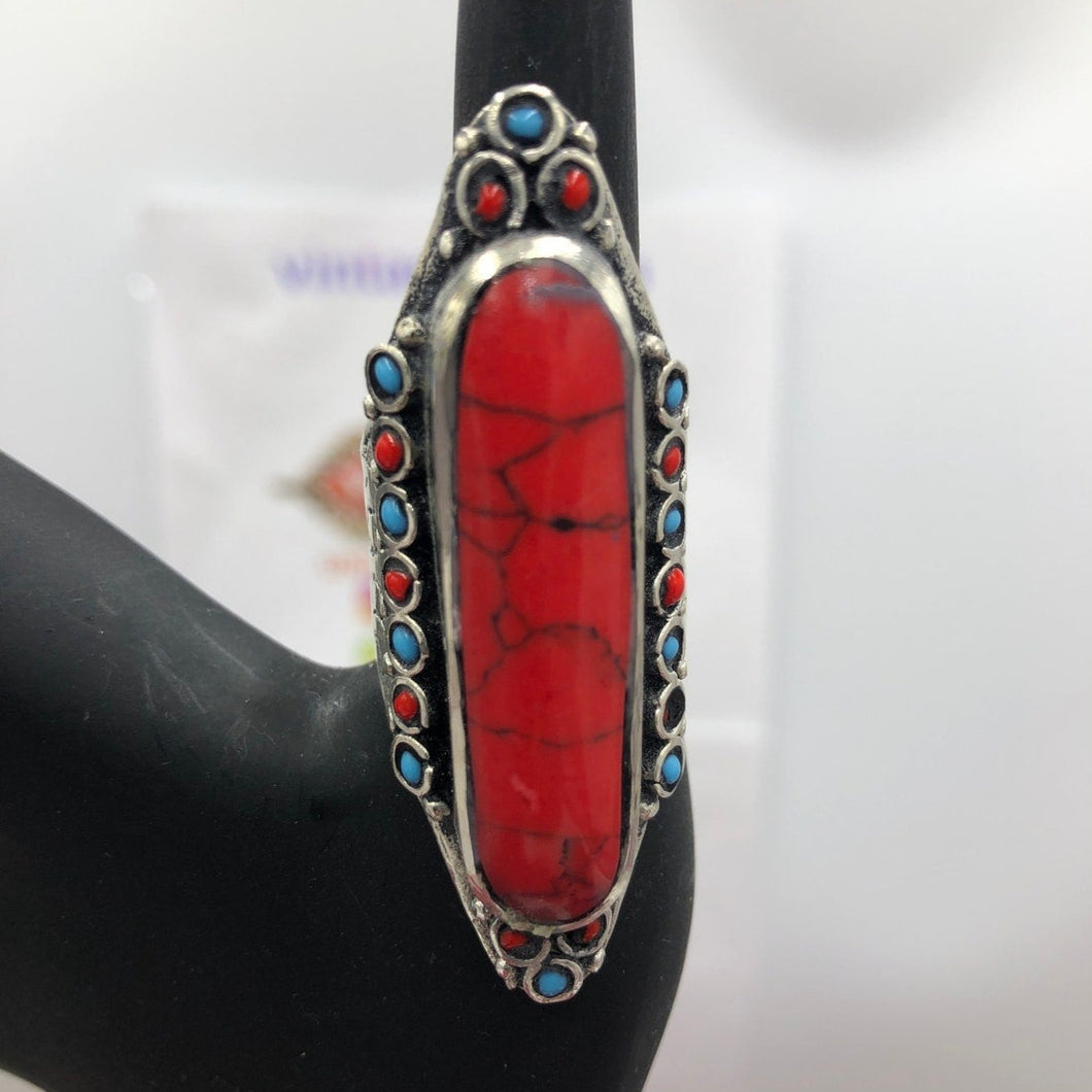 Big Stone Ring With Turquoise and Coral Beads