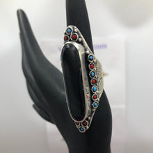 Load image into Gallery viewer, Big Stone Ring With Turquoise and Coral Beads

