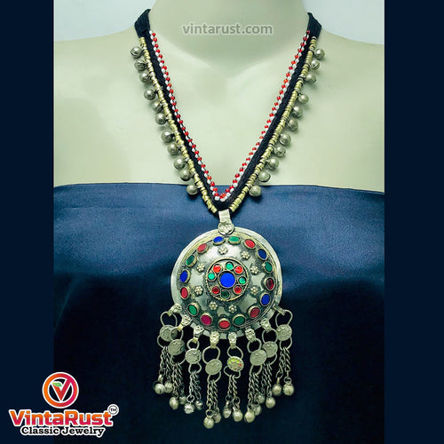 Tribal Pendant Necklace With Glass Stones and Bells