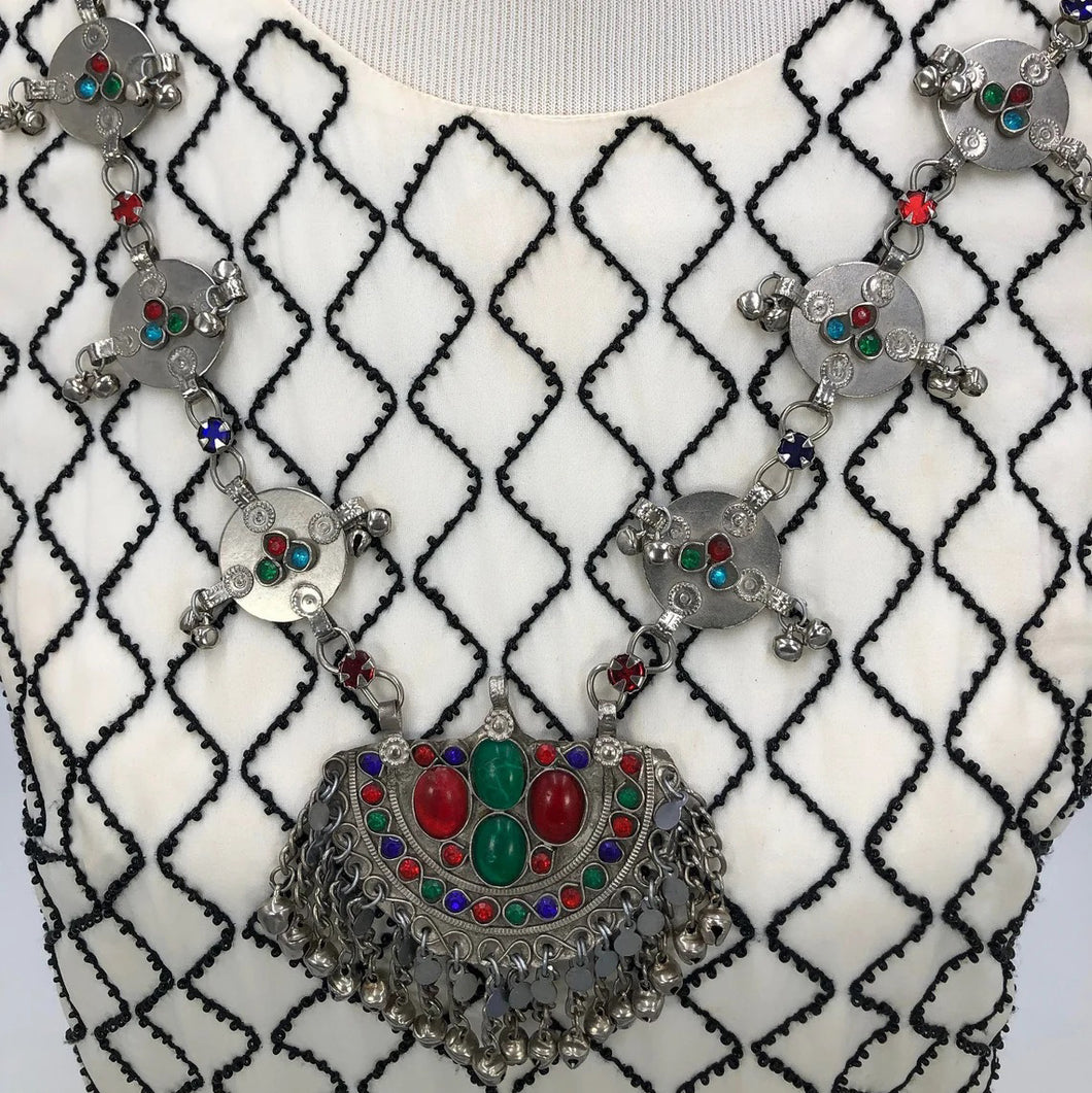 Afghan Pendant Necklace With Silver Beads And Glass Stones