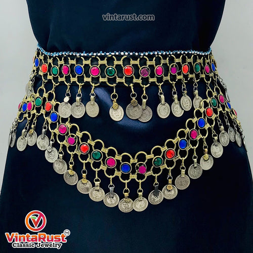 Tribal Belly Dance Belt With Multicolor Glass Stones