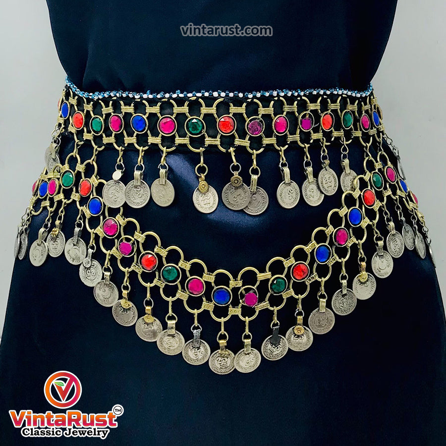 Tribal Belly Dance Belt With Multicolor Glass Stones