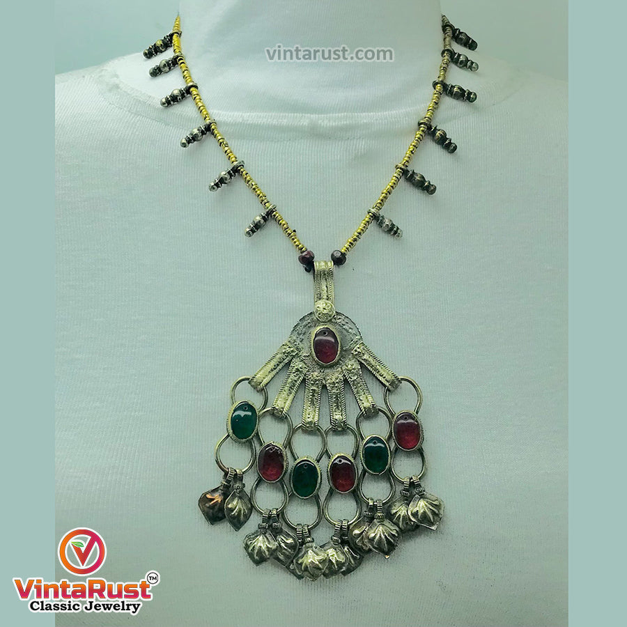 Tribal Big Pendant Necklace With Glass Stones
