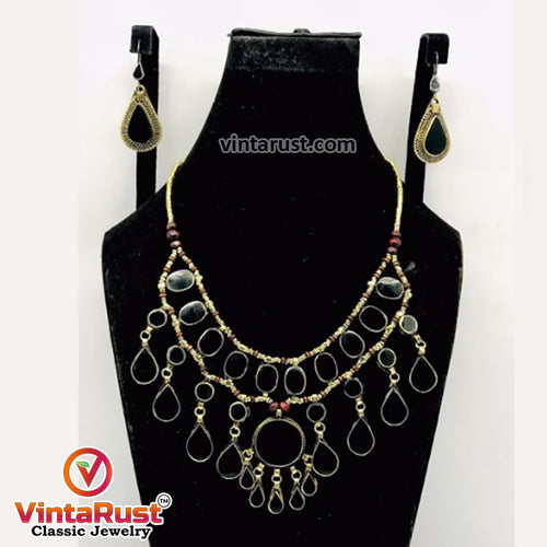 Tribal Black Stones Necklace With Earrings