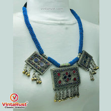Load image into Gallery viewer, Tribal Blue Beaded Necklace With Dangling Pendant
