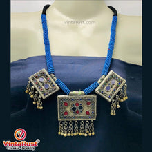 Load image into Gallery viewer, Tribal Blue Beaded Necklace With Dangling Pendant
