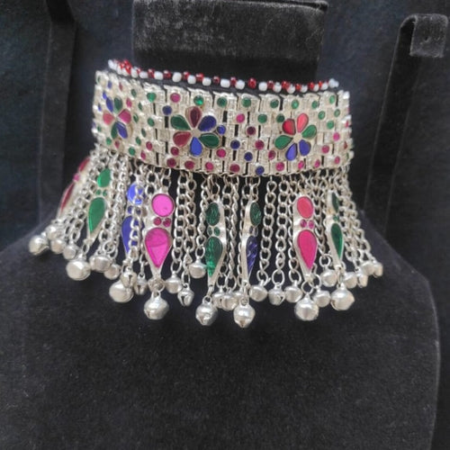Tribal Choker Necklace With Dangling Tassels and Glass Stones