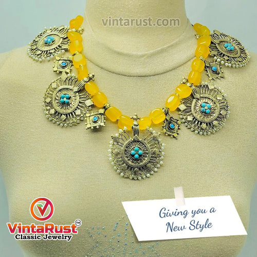 Yellow Stones Beaded Vintage Necklace