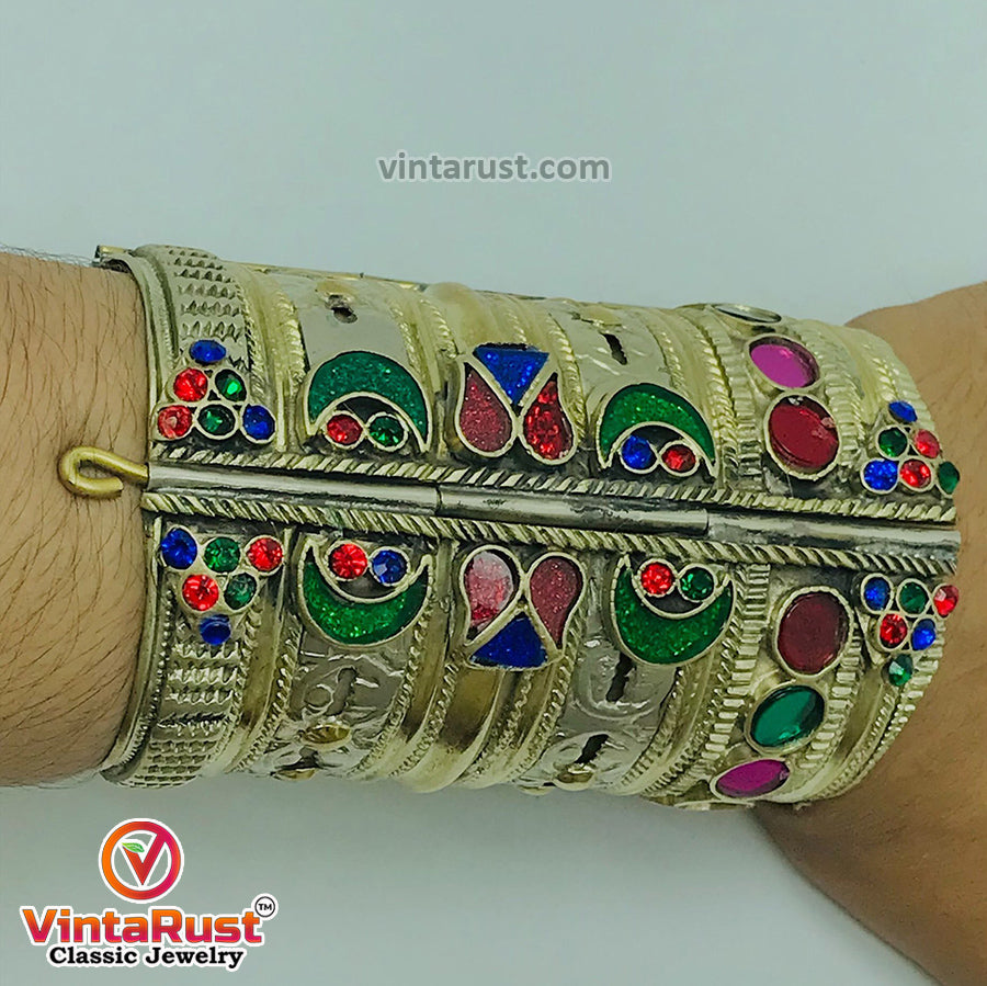 Vintage Multicolor Glass Stones Boho Cuff Bracelet