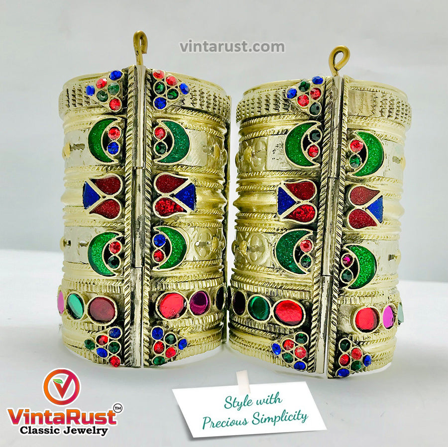 Vintage Multicolor Glass Stones Boho Cuff Bracelet