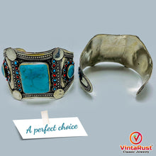 Load image into Gallery viewer, Tribal Stone Cuff Bracelet With Turquoise and Coral Beads
