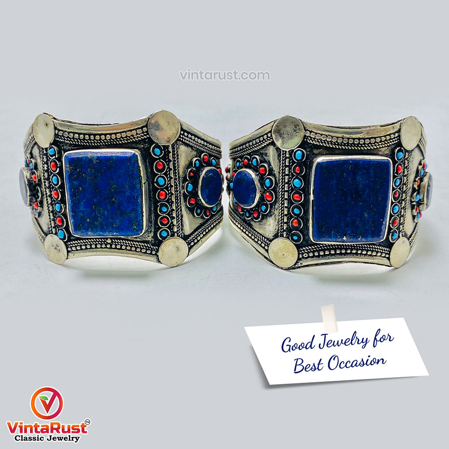 Tribal Stone Cuff Bracelet With Turquoise and Coral Beads