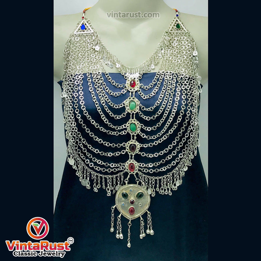 Tribal Silver Kuchi Bib Necklace With Red and Green Glass Stones