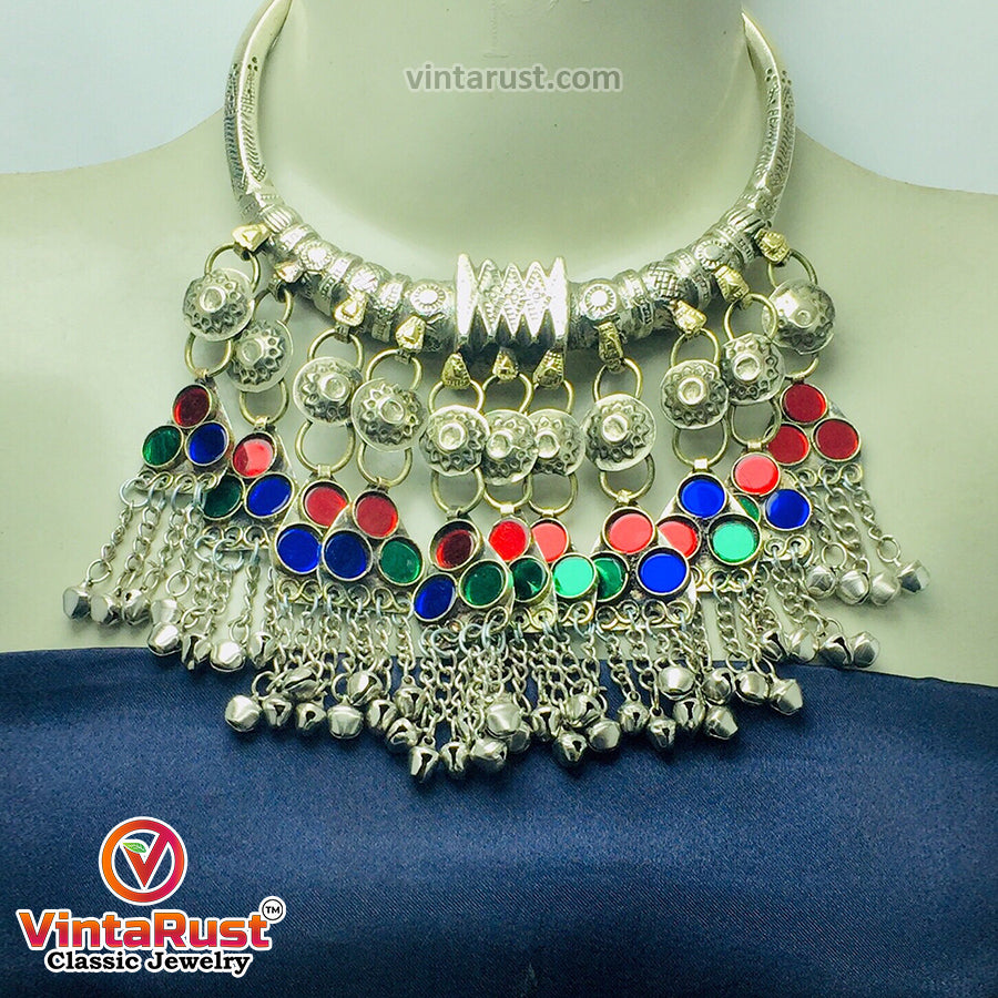 Tribal Silver Torque Choker Necklace With Multicolor Glass Stones